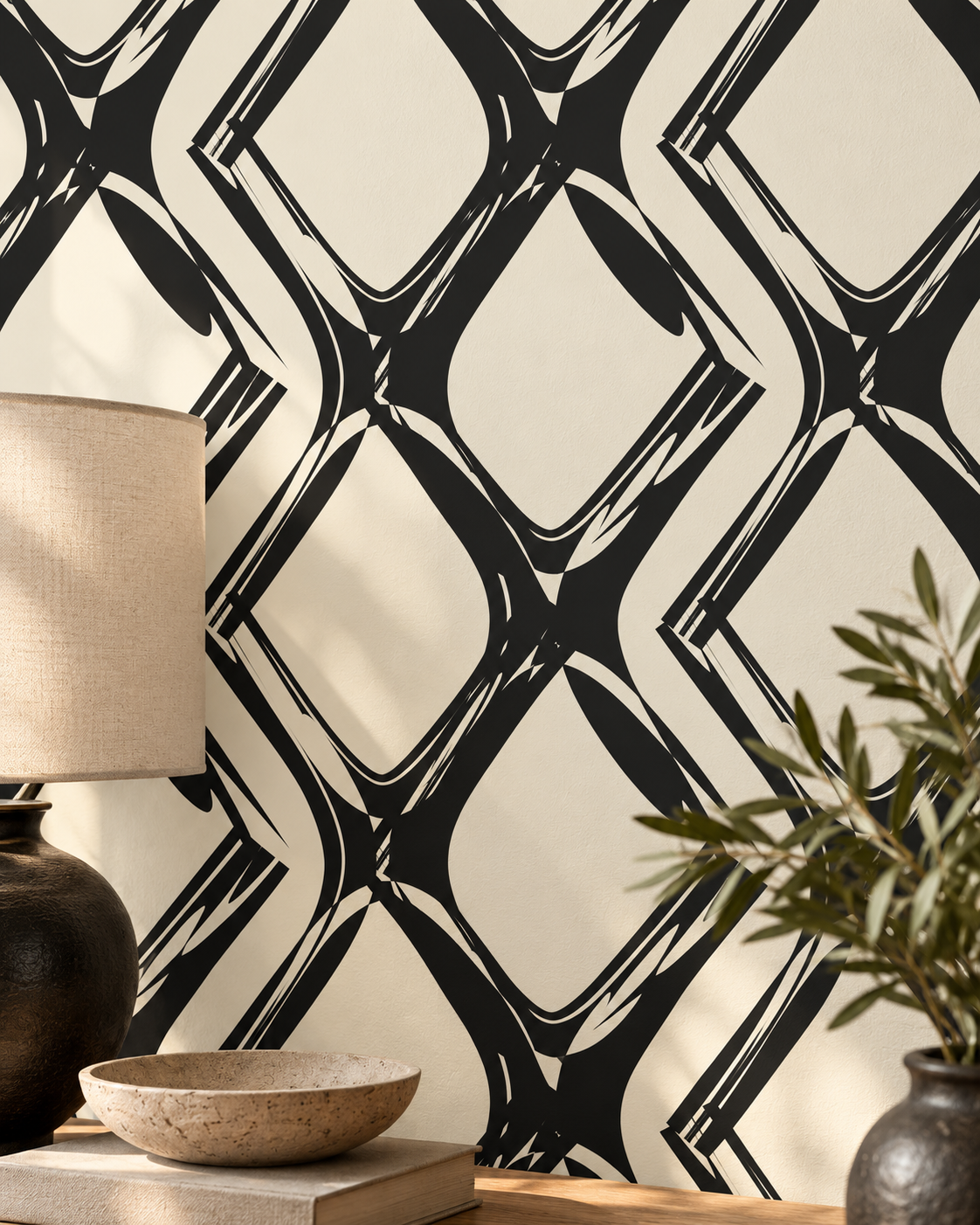 Brushstroke Diamond Wallpaper in a styled interior