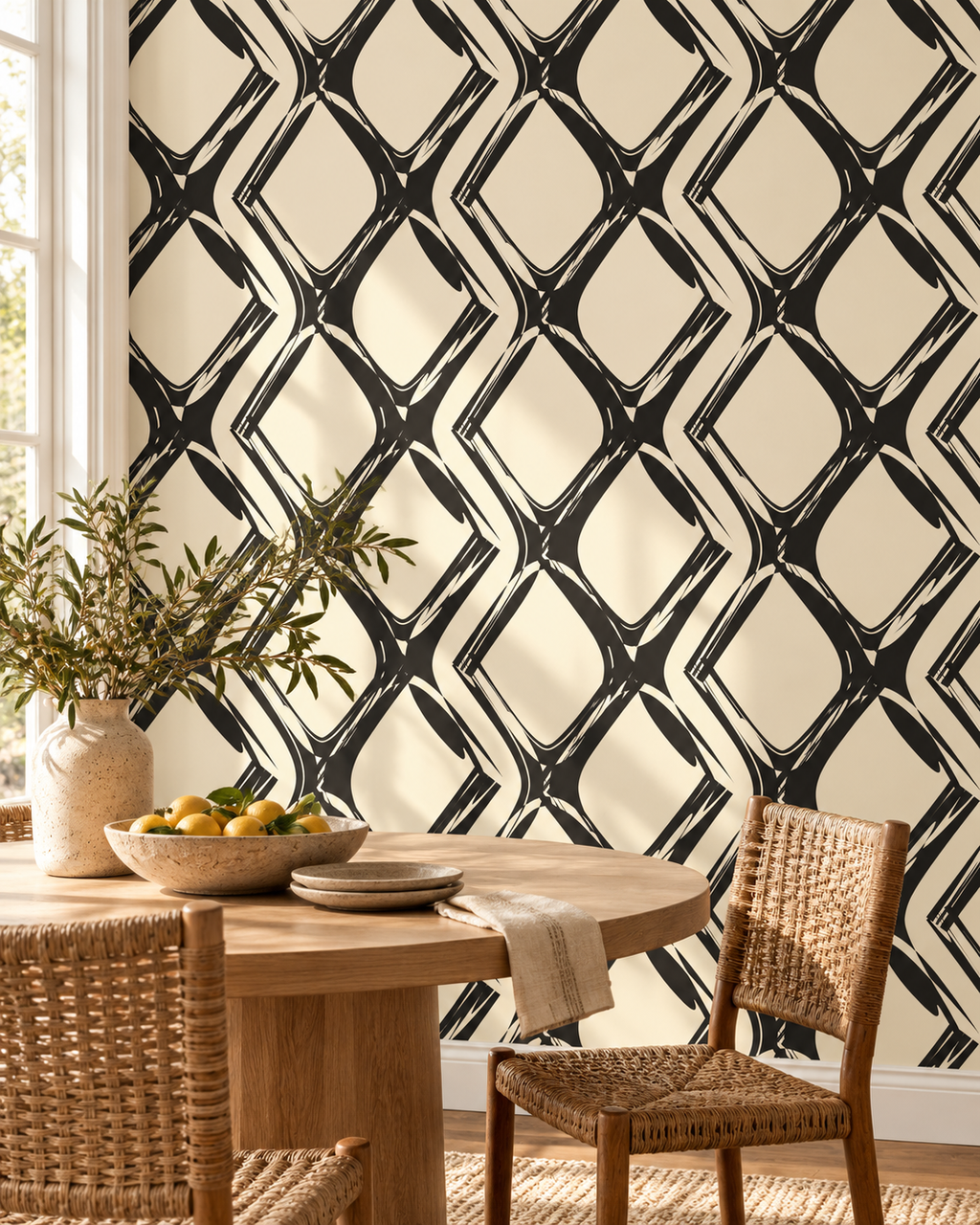 Brushstroke Diamond Wallpaper in a styled interior