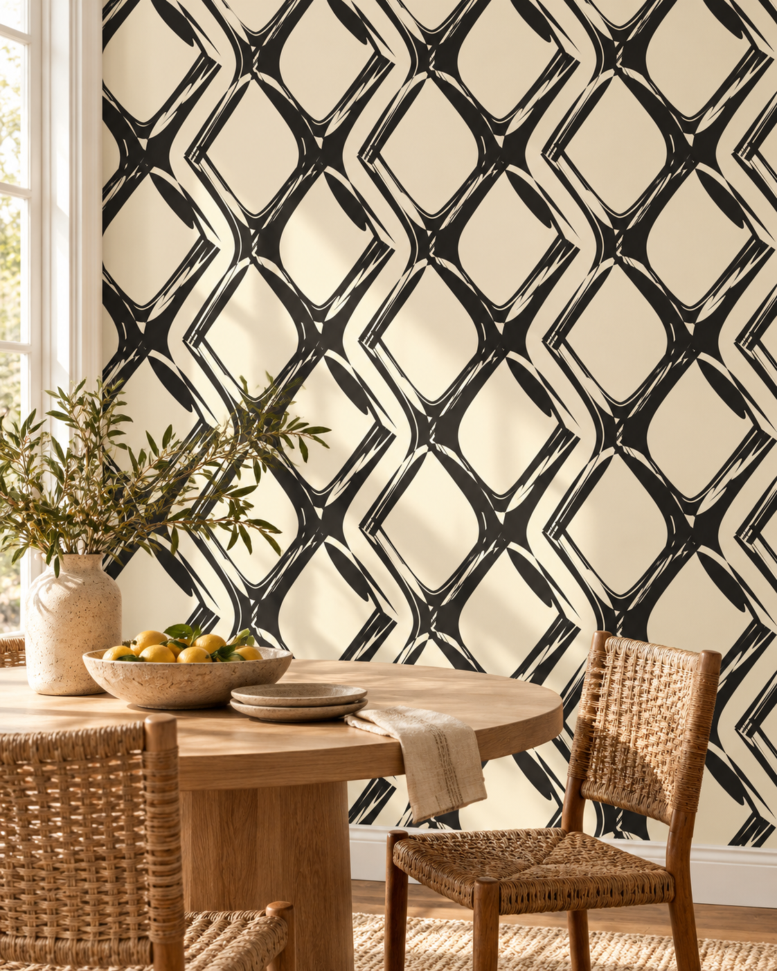 Brushstroke Diamond Wallpaper in a styled interior