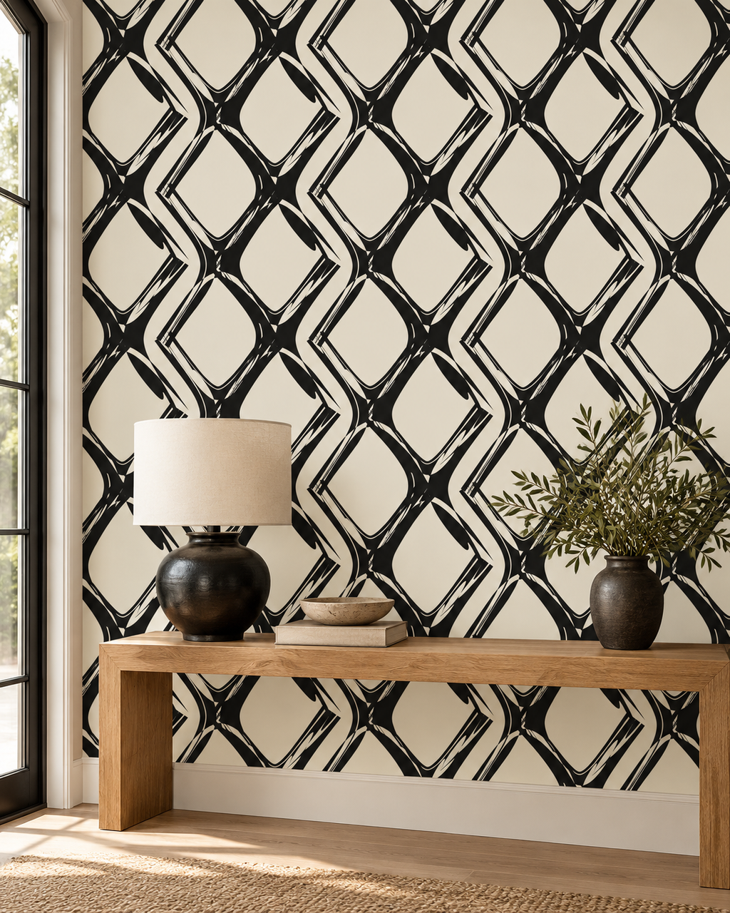 Brushstroke Diamond Wallpaper in a styled interior