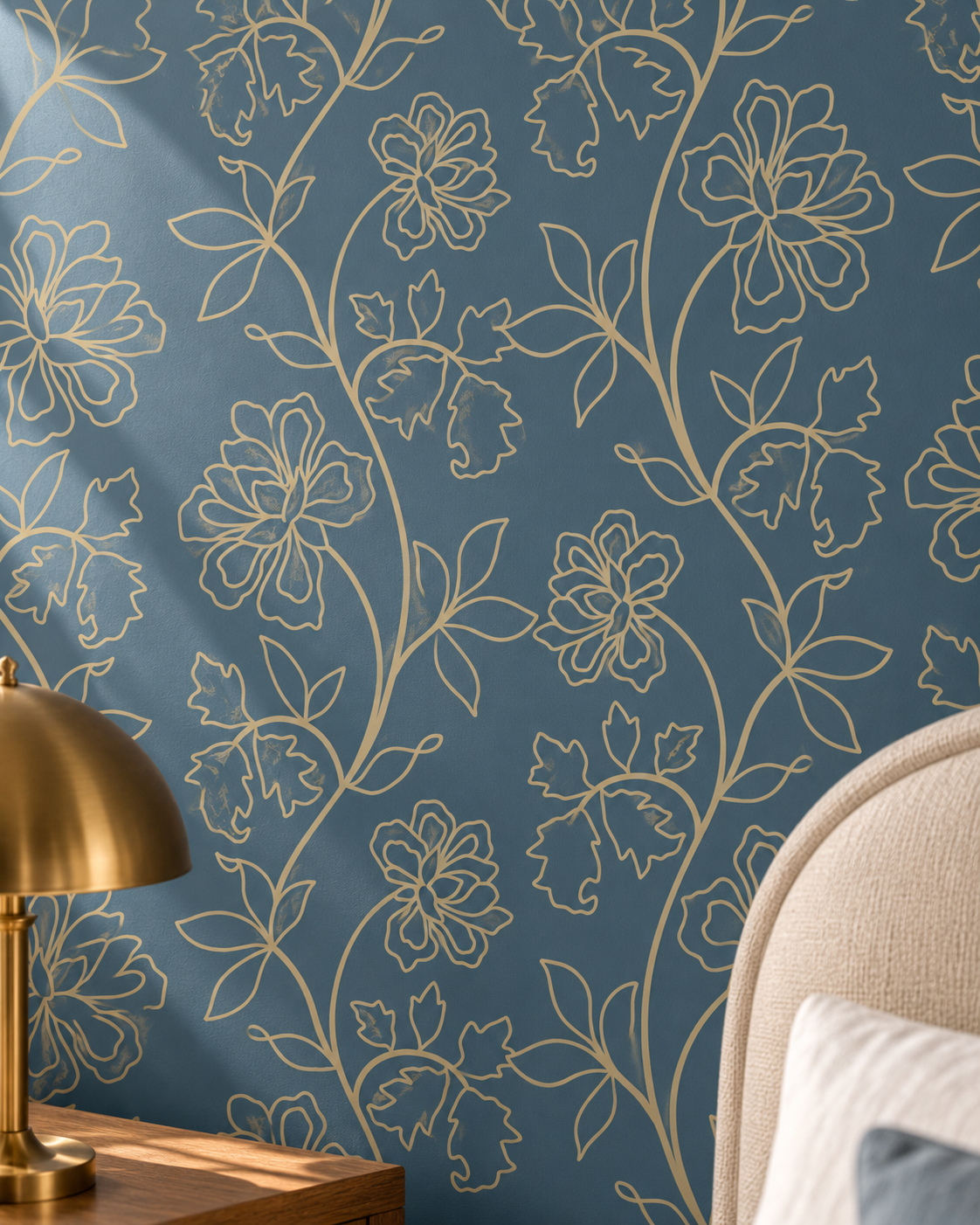 Golden Botanical Wallpaper in a styled interior