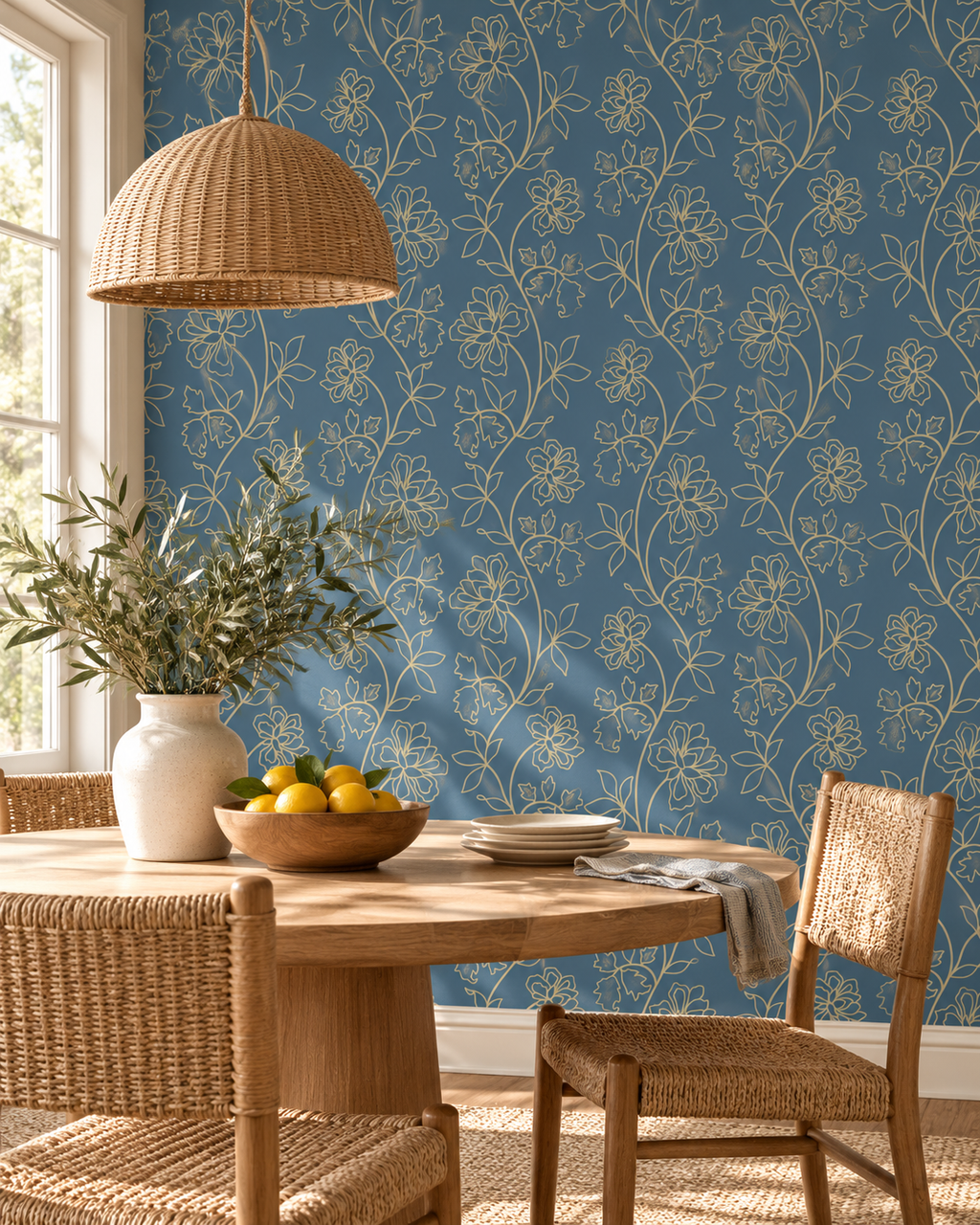 Golden Botanical Wallpaper in a styled interior