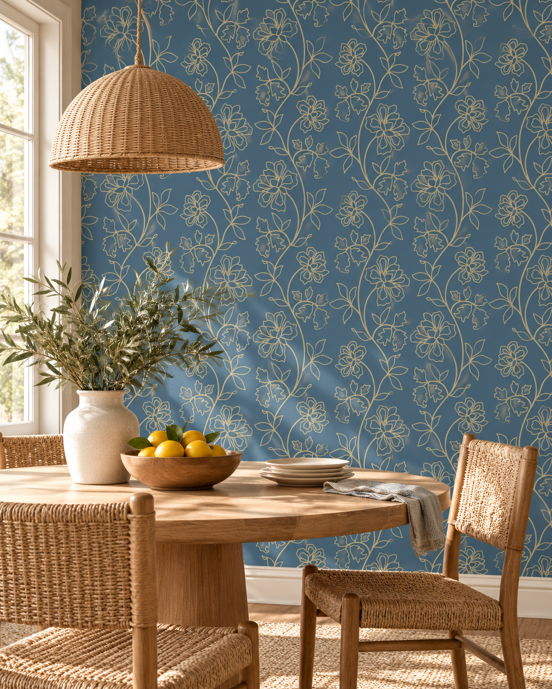 Golden Botanical Wallpaper in a styled interior