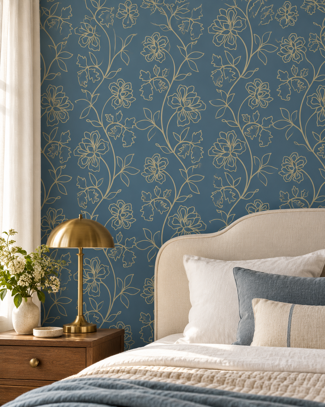Golden Botanical Wallpaper in a styled interior