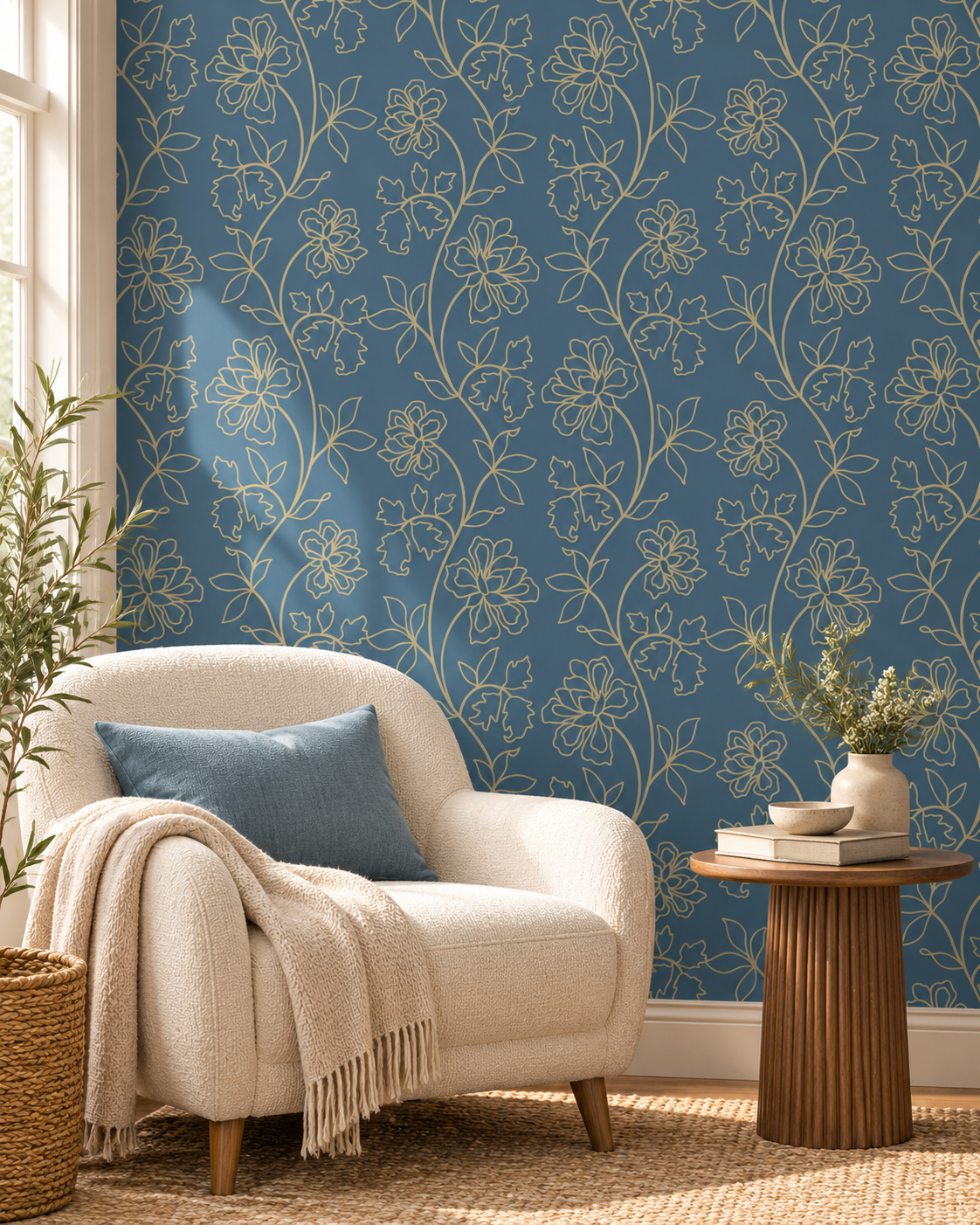 Golden Botanical Wallpaper in a styled interior