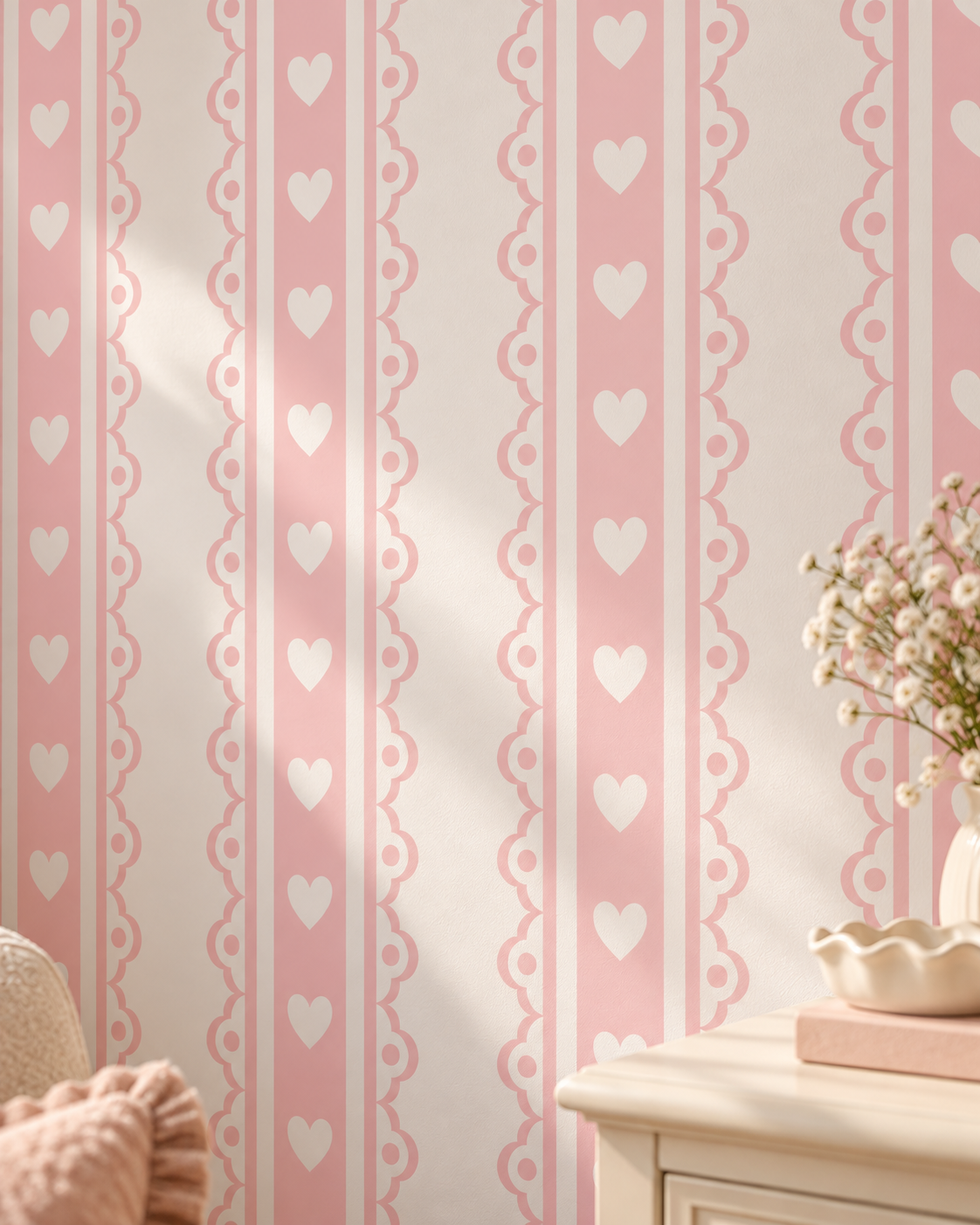 Heart Stripe Wallpaper in a styled interior