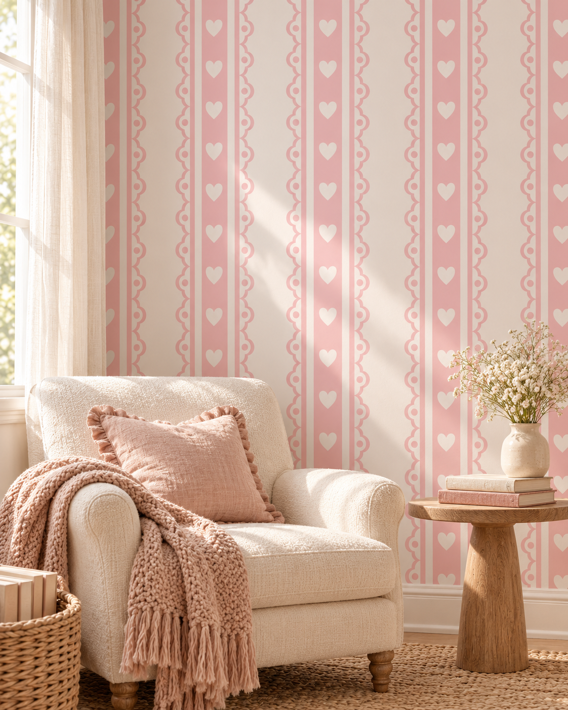 Heart Stripe Wallpaper in a styled interior