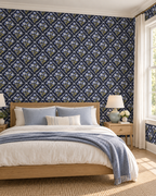 Navy Trellis Wallpaper in a styled interior