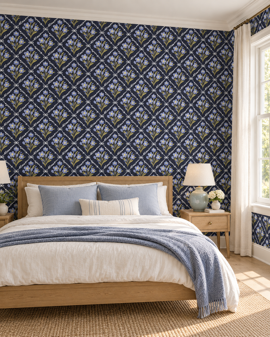 Navy Trellis Wallpaper in a styled interior