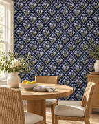 Navy Trellis Wallpaper in a styled interior