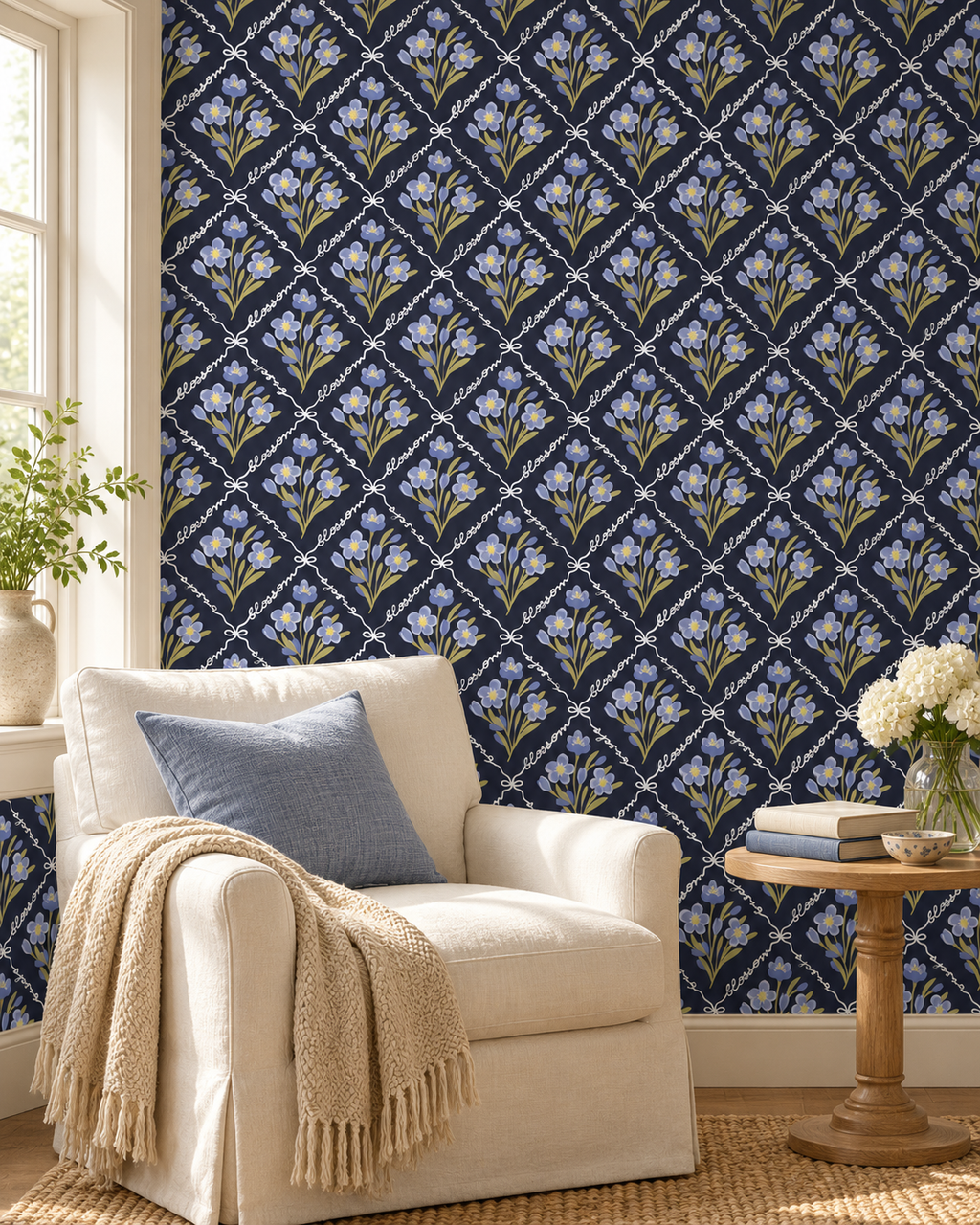 Navy Trellis Wallpaper in a styled interior