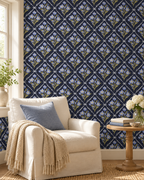 Navy Trellis Wallpaper in a styled interior
