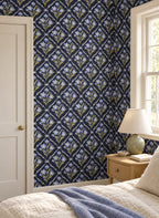 Navy Trellis Wallpaper in a styled interior