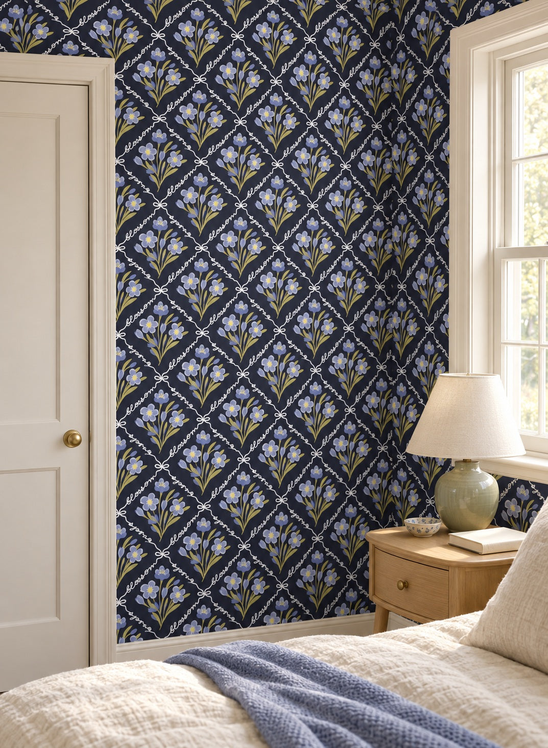 Navy Trellis Wallpaper in a styled interior