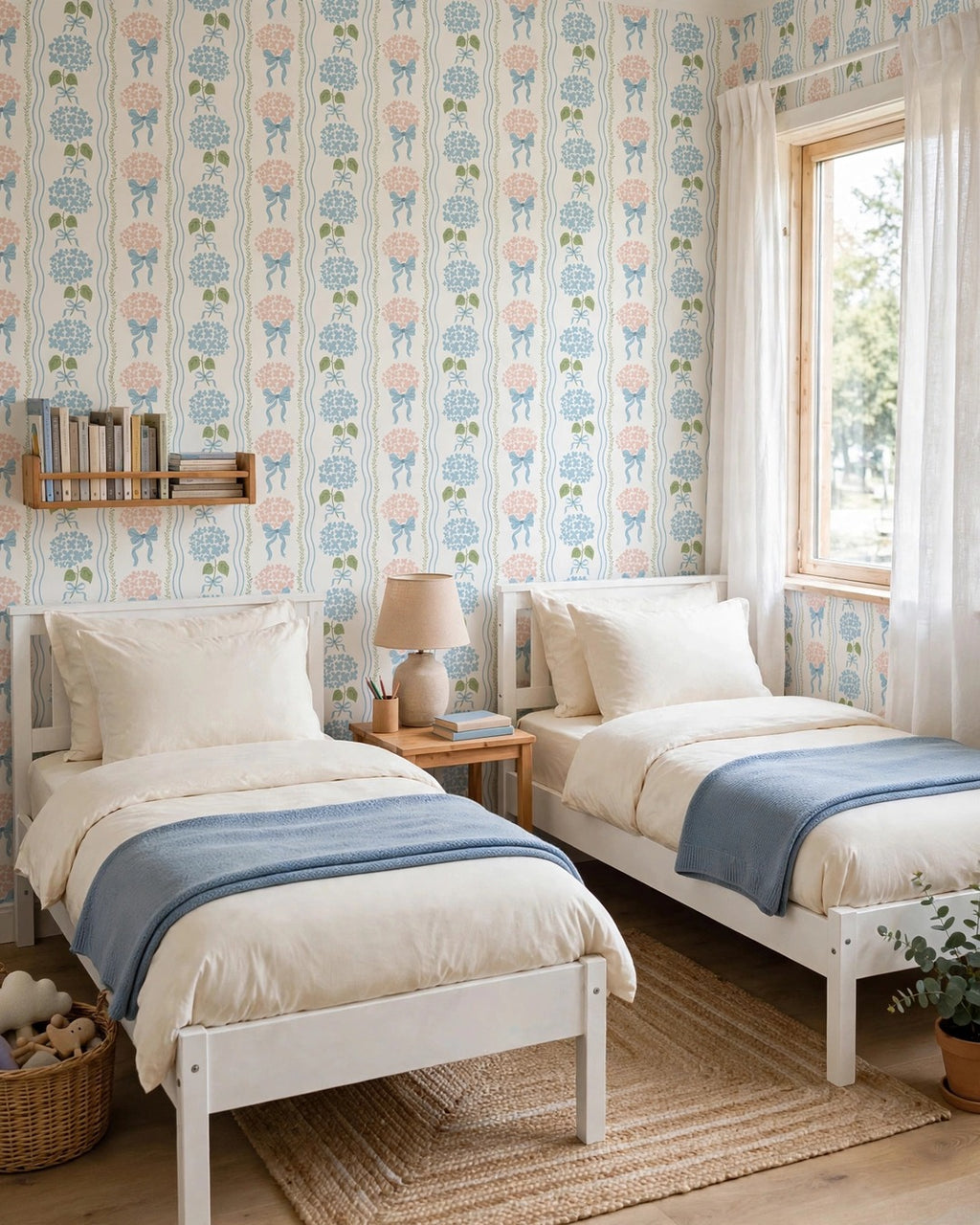 Floral Bow Wallpaper in a twin bedroom