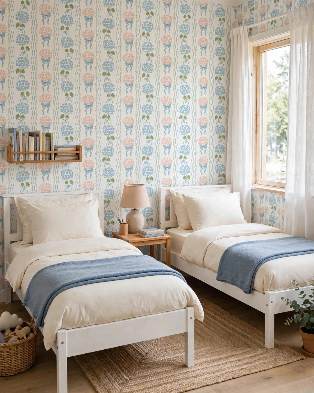 Floral Bow Wallpaper in a twin bedroom