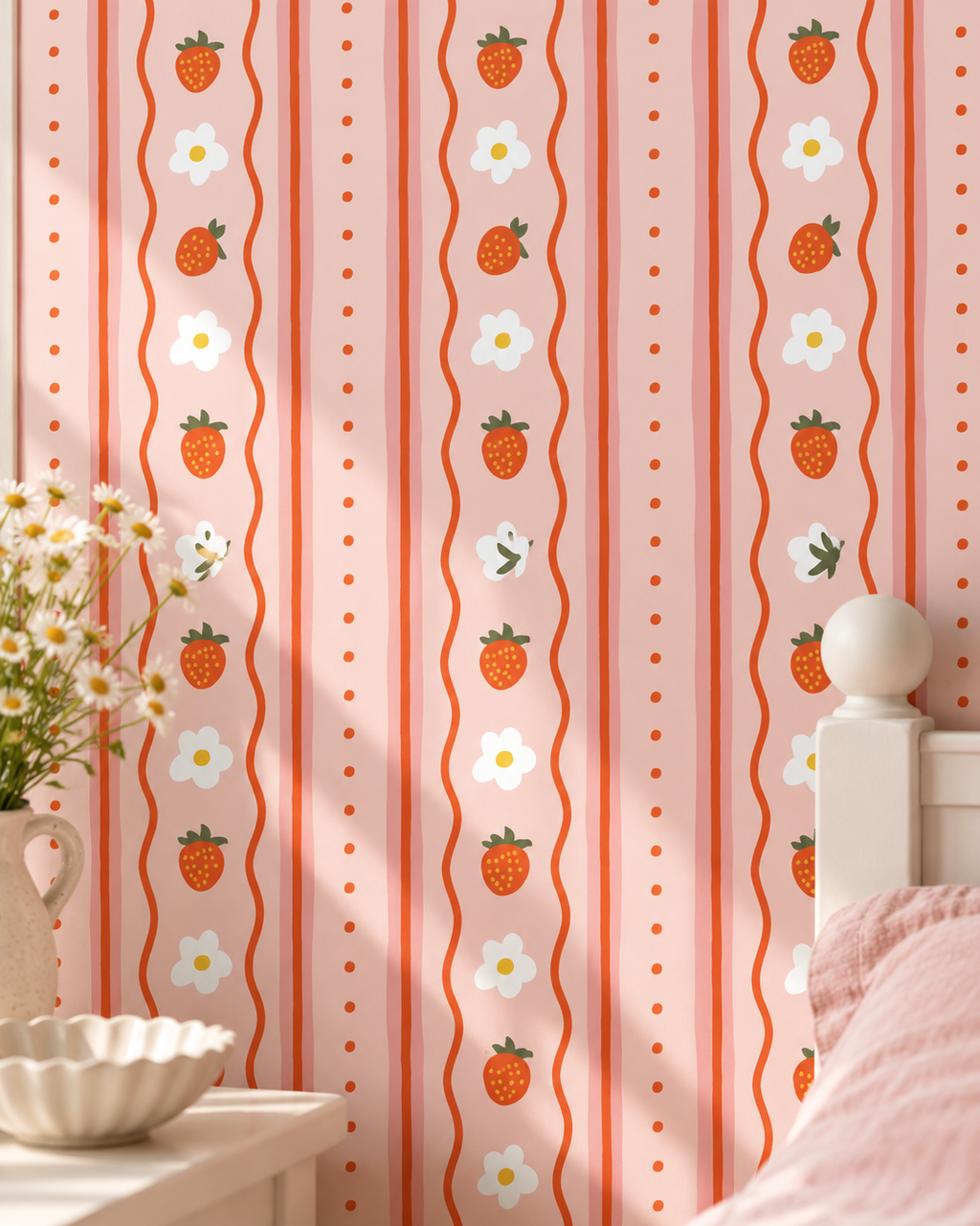 Strawberry Daisy Wallpaper in a styled interior