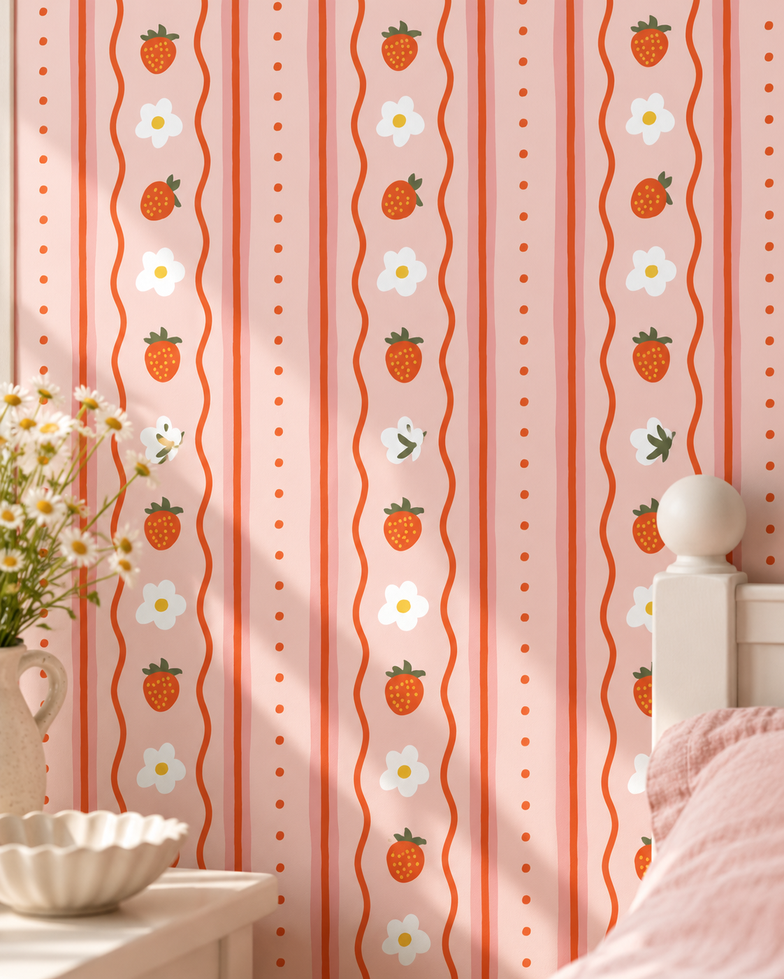 Strawberry Daisy Wallpaper in a styled interior