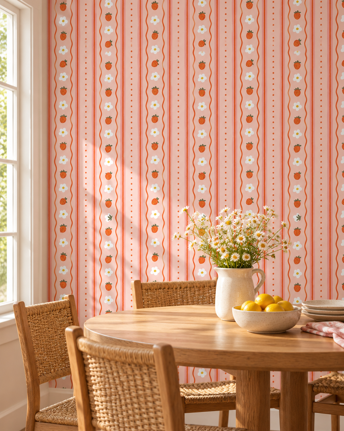Strawberry Daisy Wallpaper in a styled interior