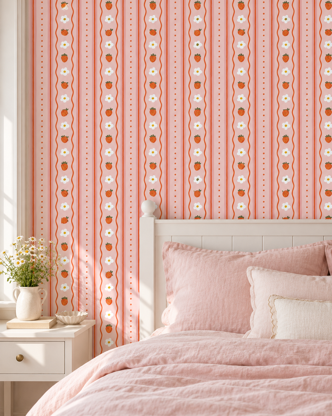 Strawberry Daisy Wallpaper in a styled interior
