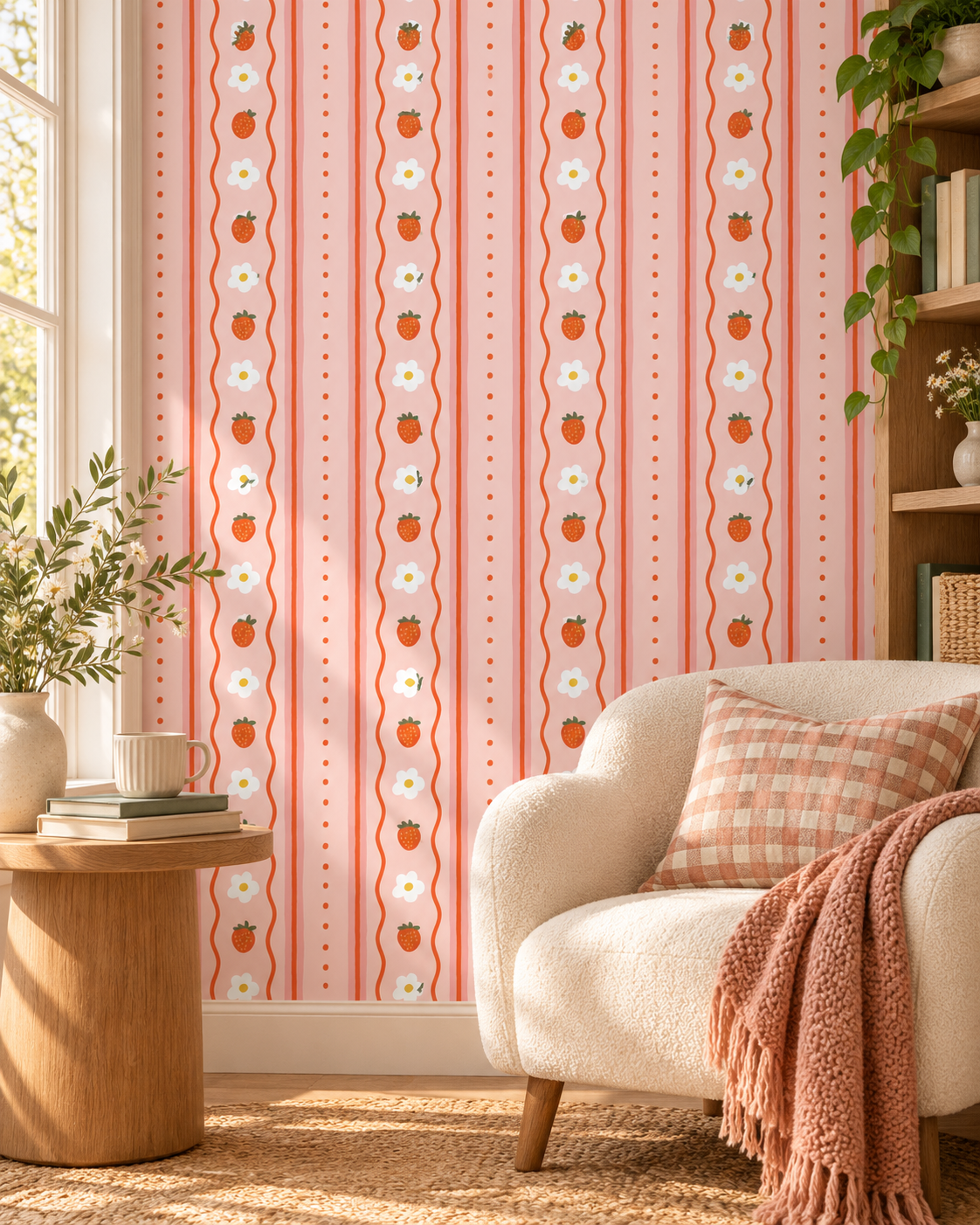 Strawberry Daisy Wallpaper in a styled interior