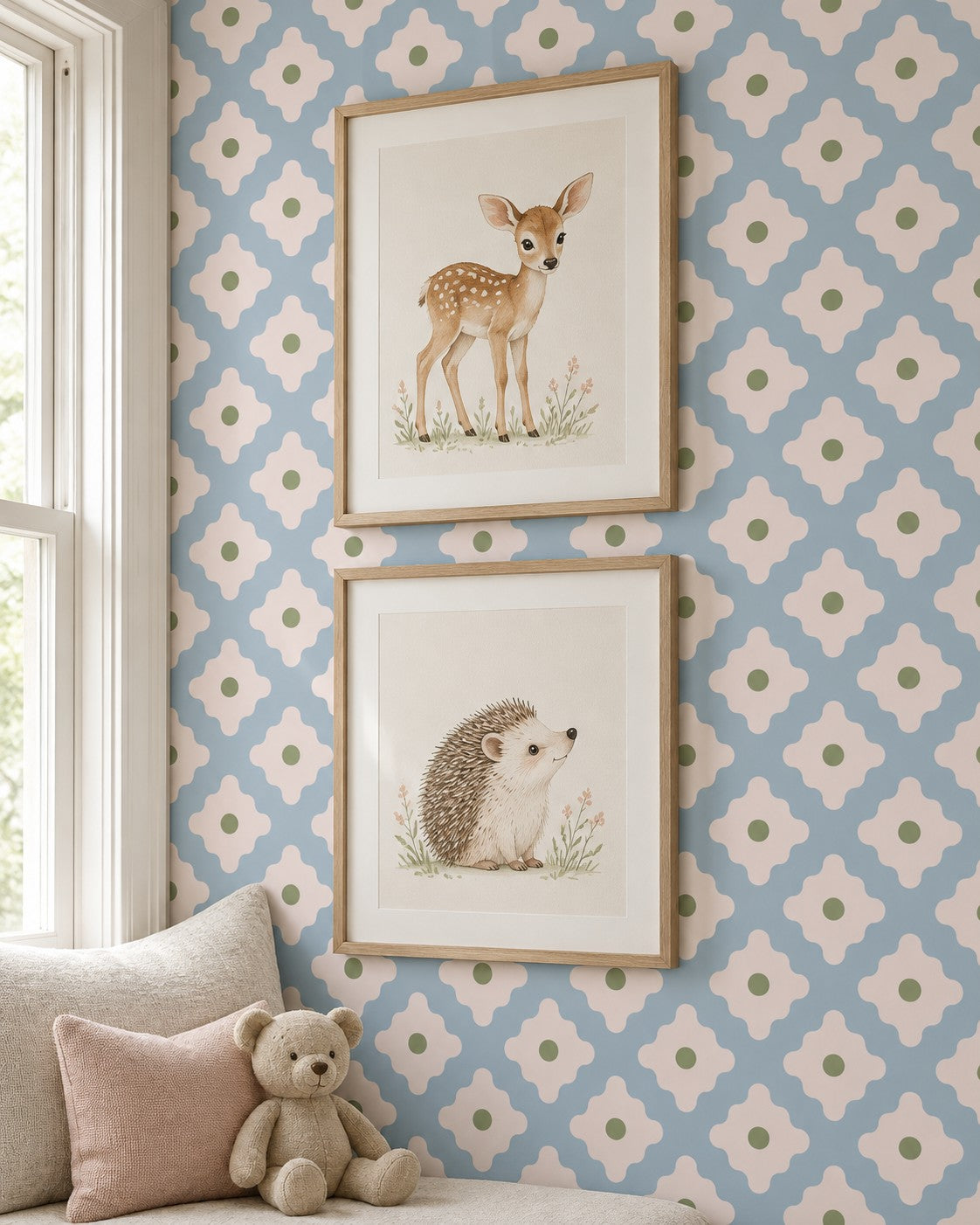 Blush Geometry Wallpaper in a styled interior