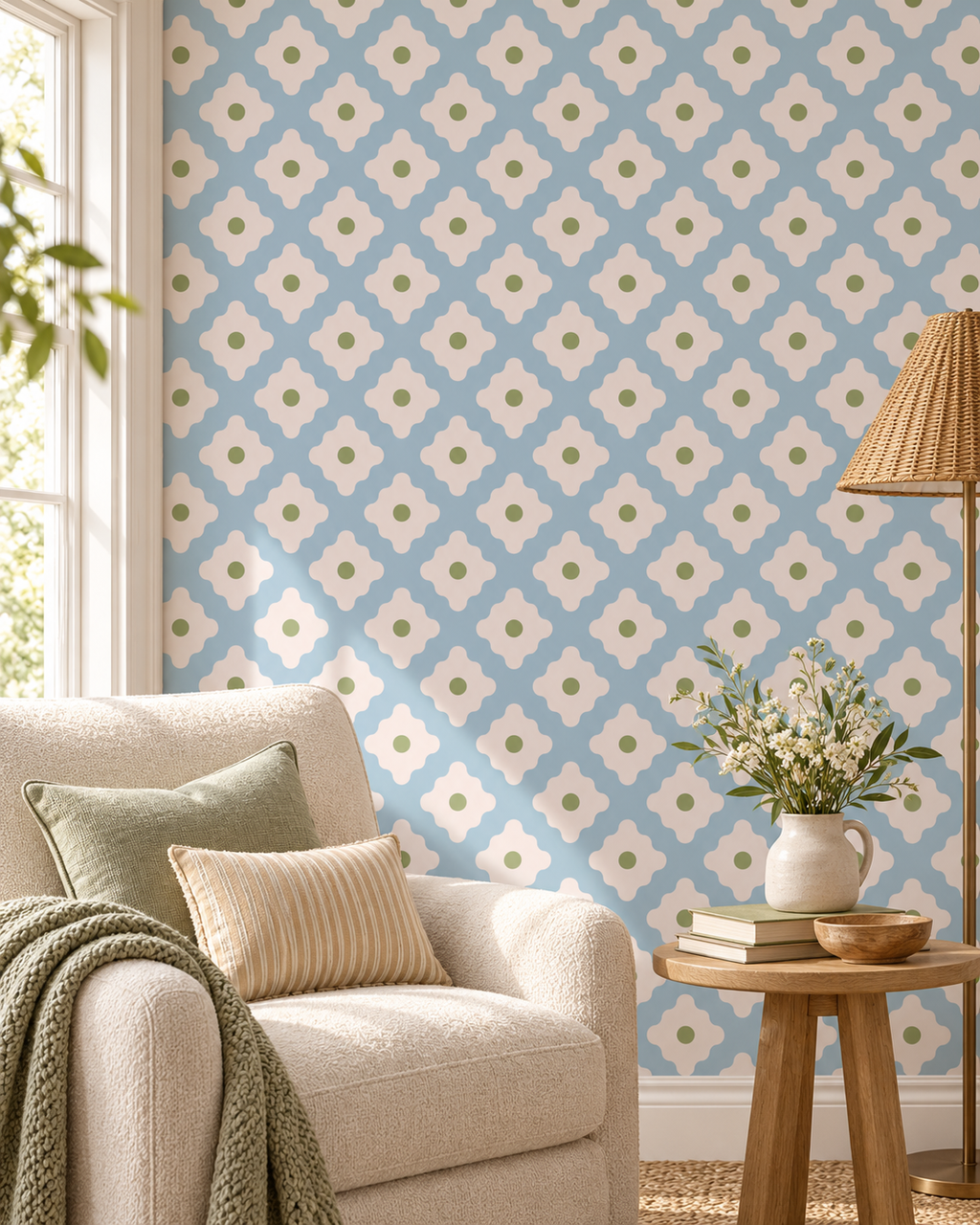 Blush Geometry Wallpaper in a styled interior