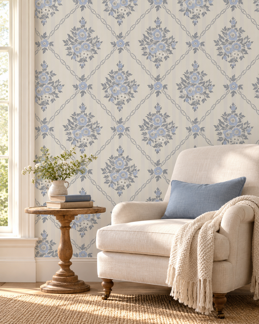Floral Trellis Wallpaper in a styled interior