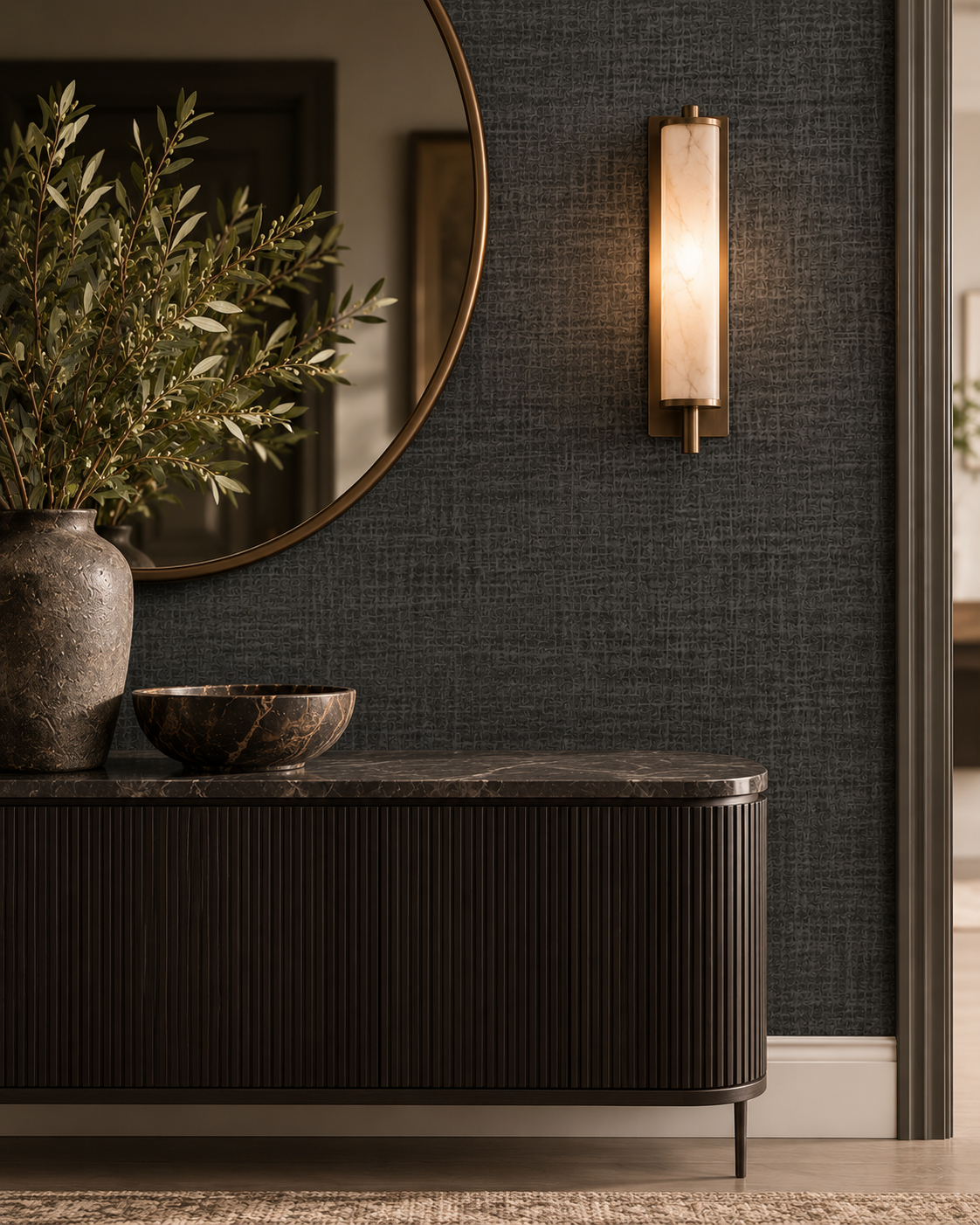 Charcoal Texture Wallpaper in a styled interior
