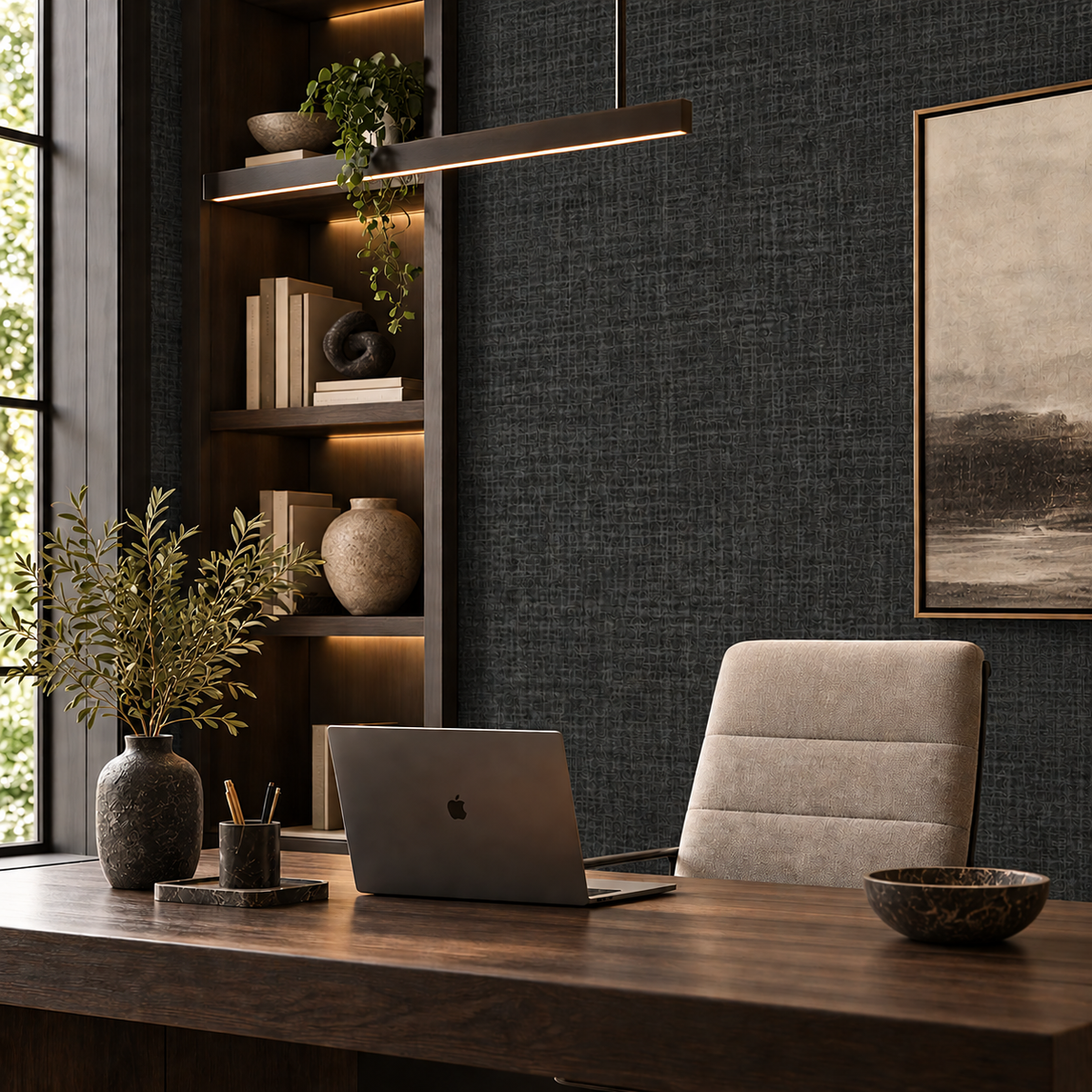 Charcoal Texture Wallpaper in a styled interior