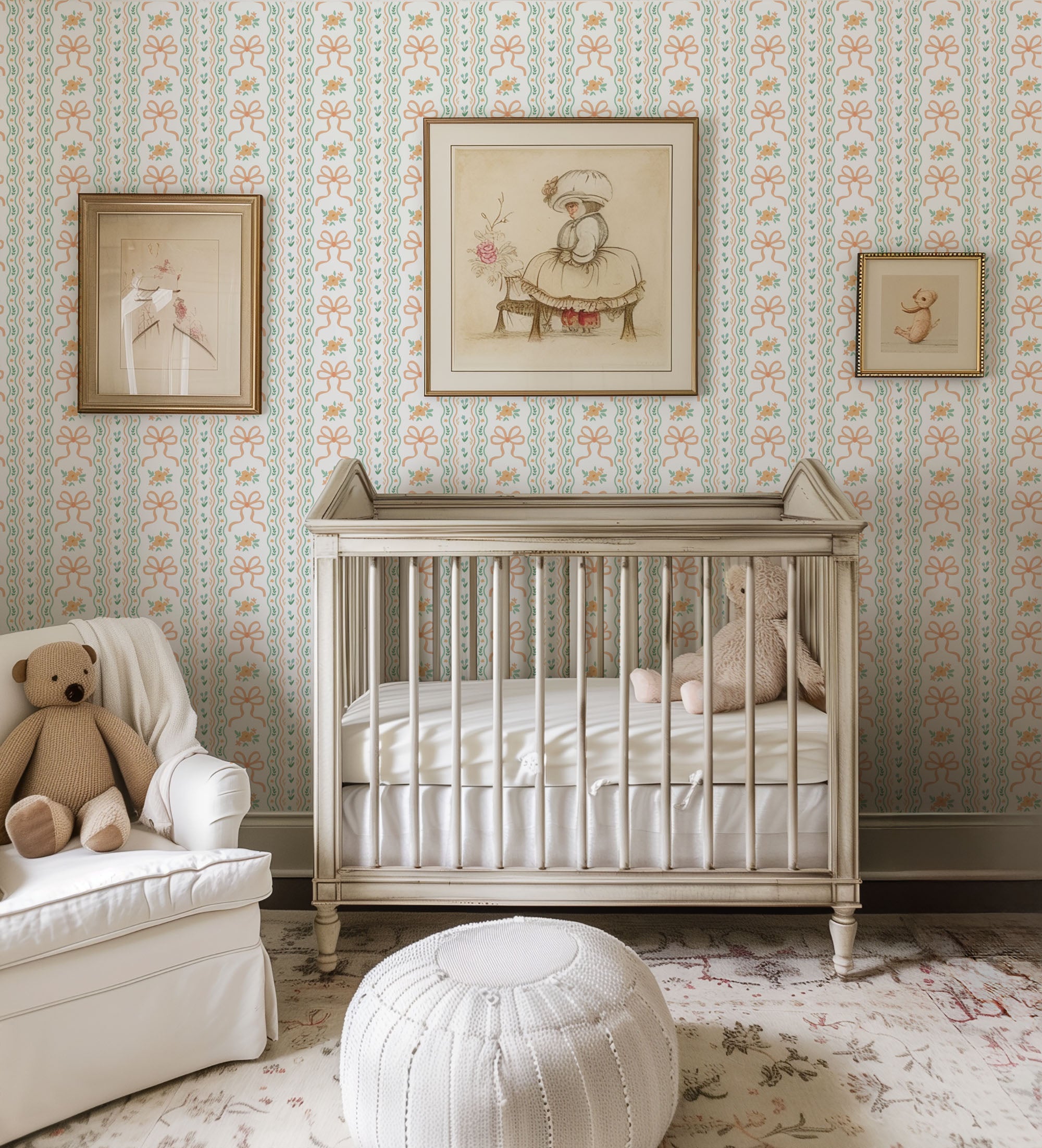 garden ribbon wallpaper, premium peel & stick, 2 ft h, home decor