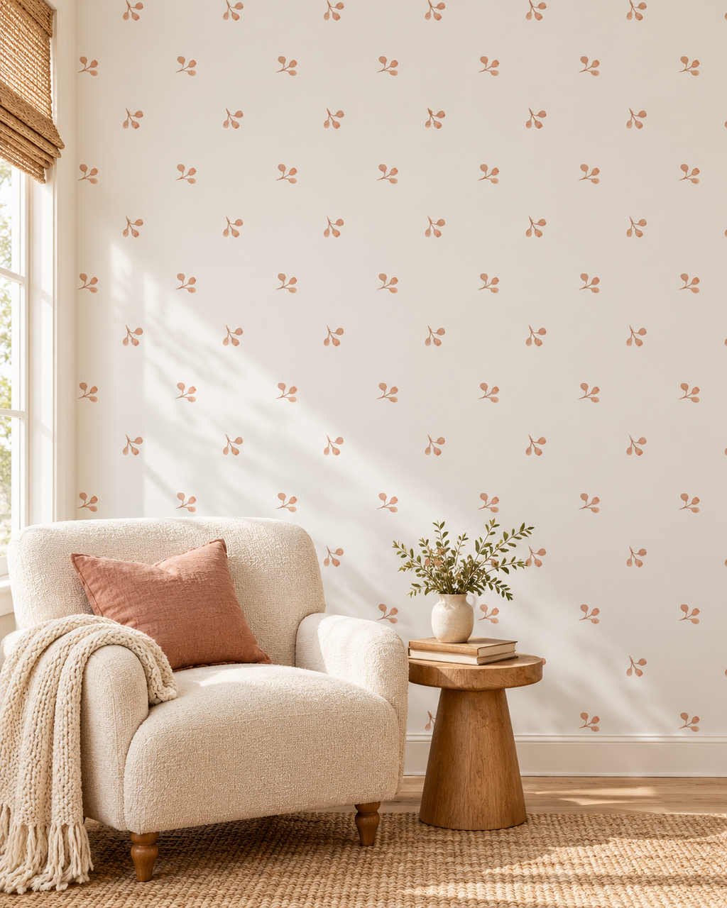 Peach Ditsy Wallpaper in a styled interior