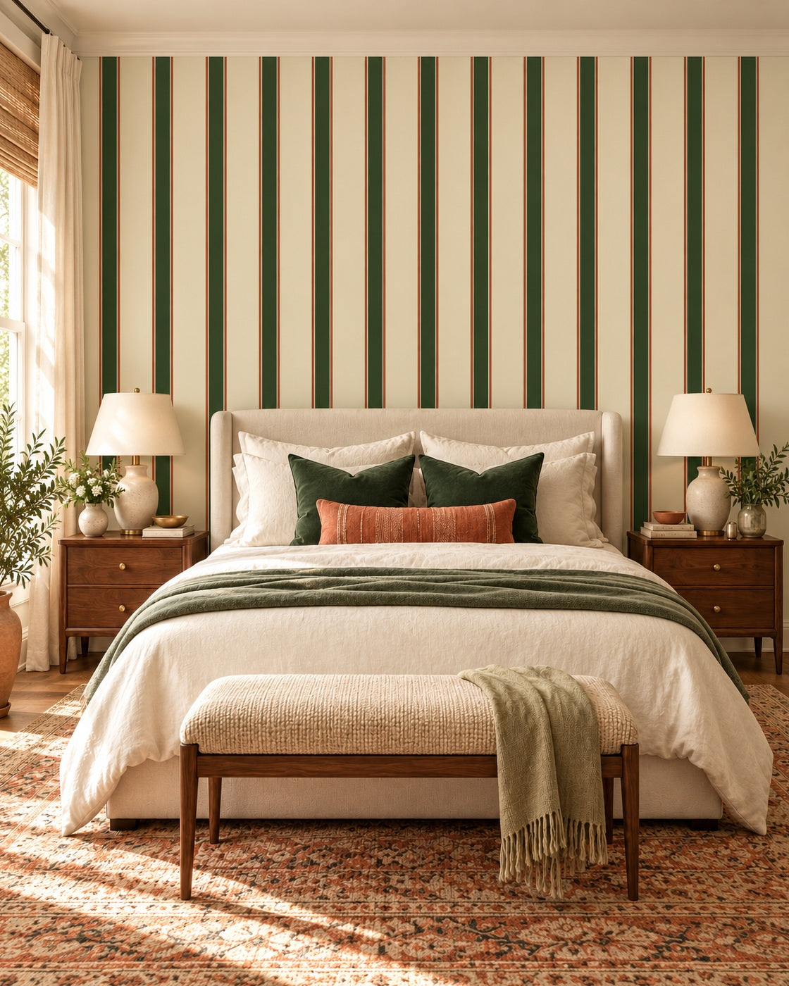 Forestline Stripe Wallpaper styled room view 1