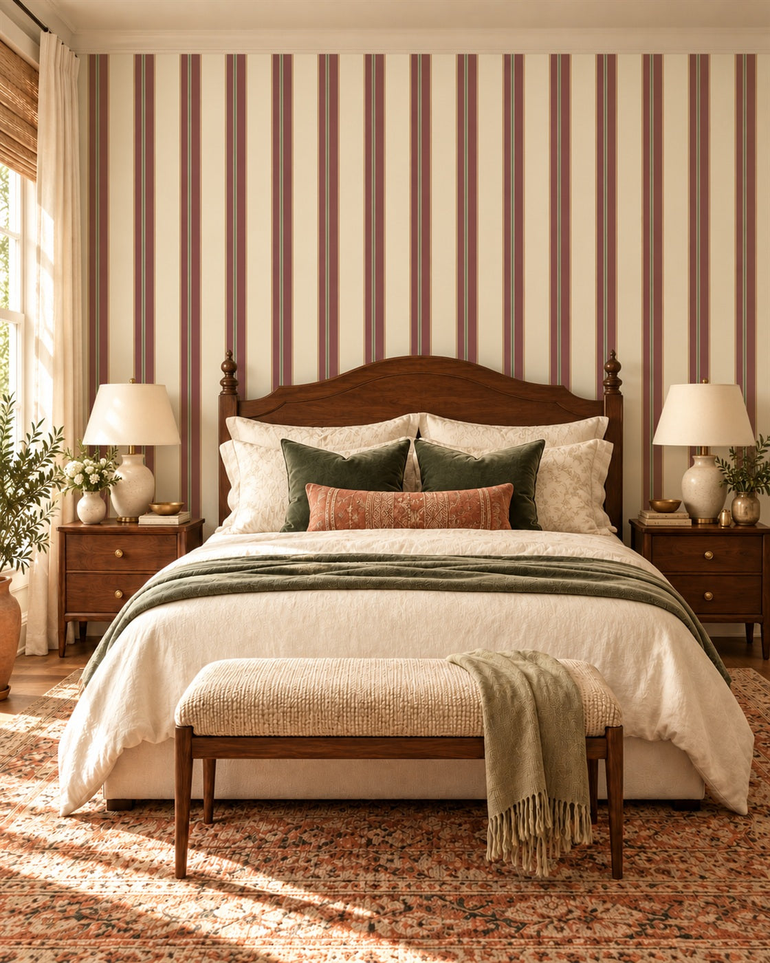 Heirloom Ticking Wallpaper styled room view 1