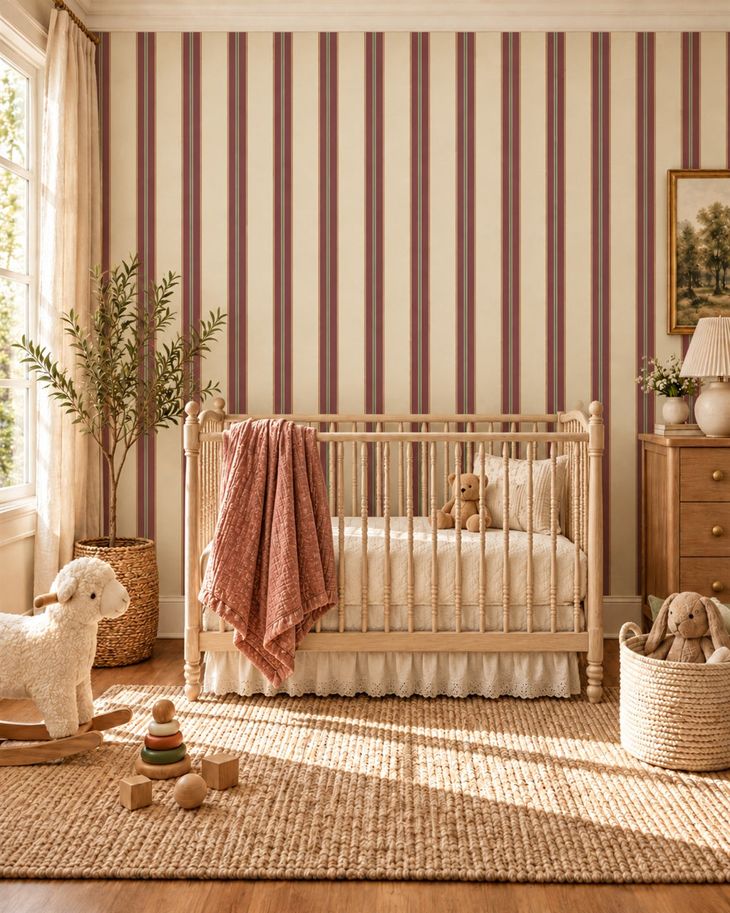 Heirloom Ticking Wallpaper styled room view 3