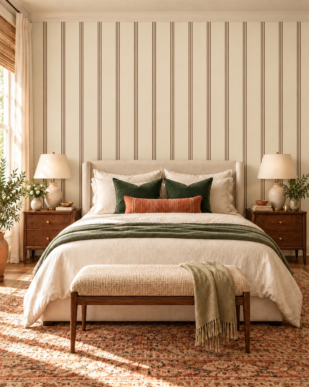 Tobacco Ticking Wallpaper styled room view 1