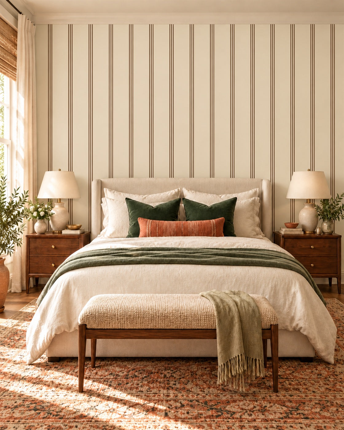 Tobacco Ticking Wallpaper styled room view 1