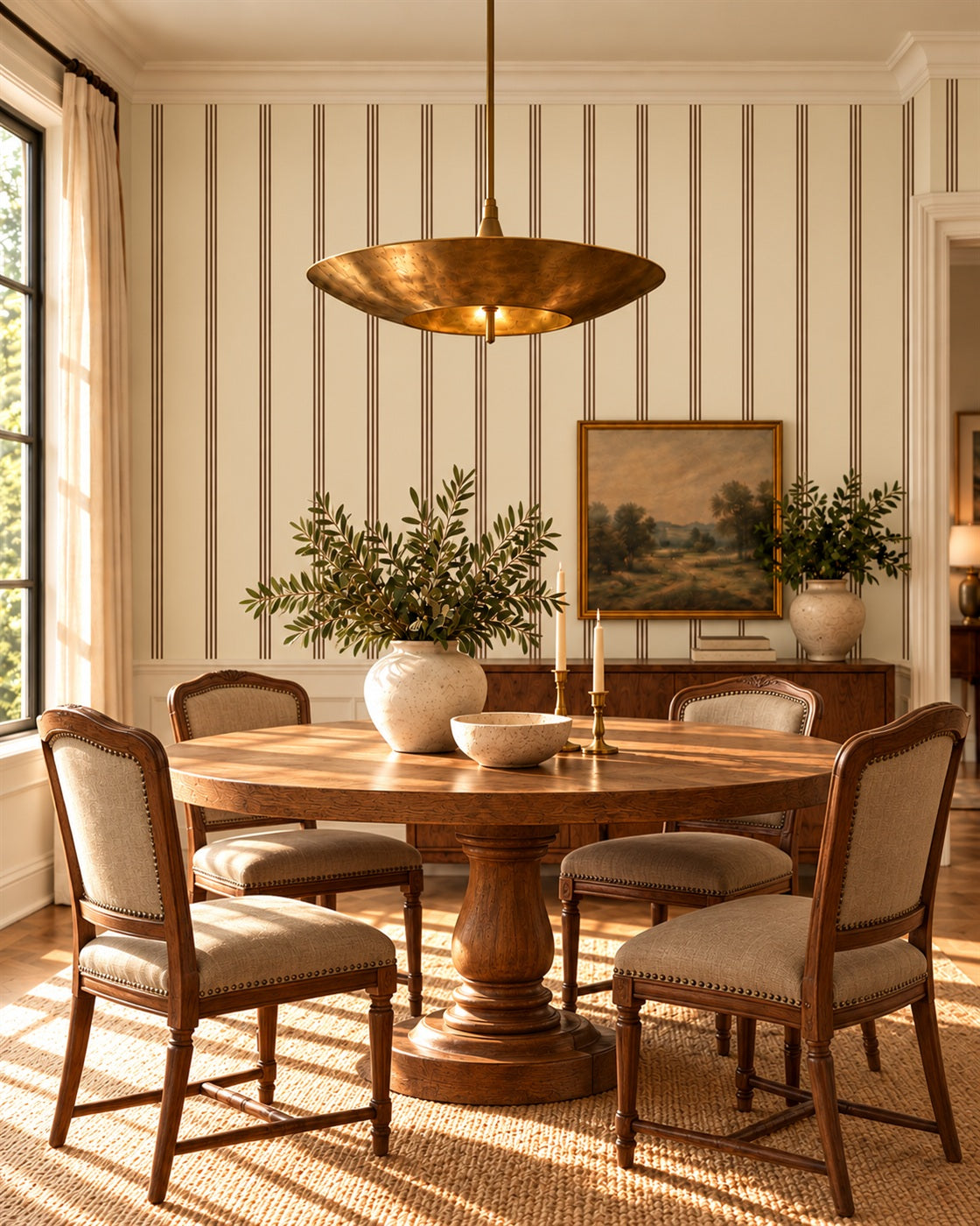 Tobacco Ticking Wallpaper styled room view 2