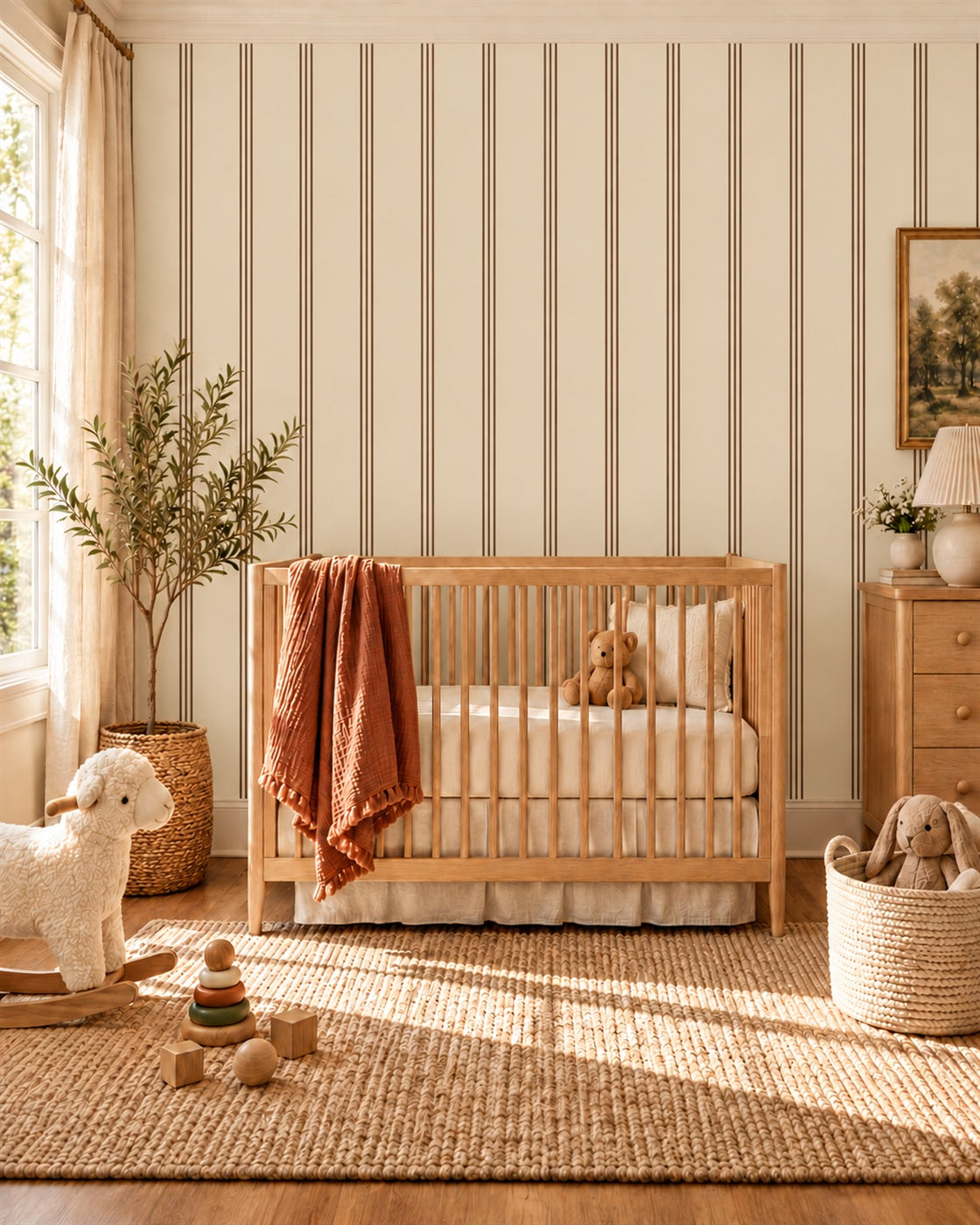 Tobacco Ticking Wallpaper styled room view 3