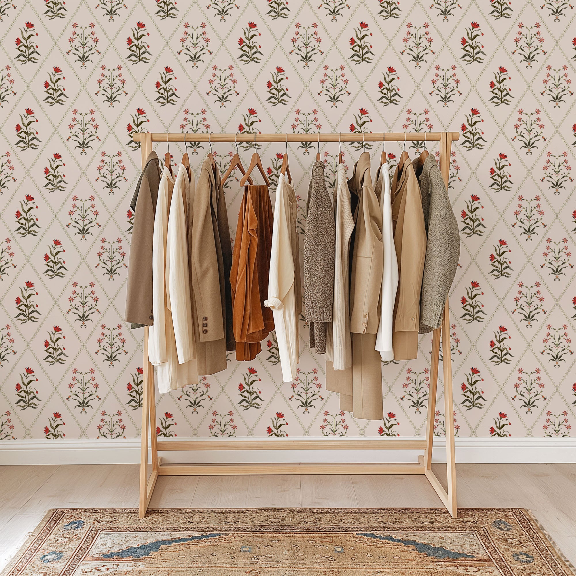 botanic trellis wallpaper, premium peel & stick, 12 inchesx12 inches sample, floral; pink, wallpaper decor