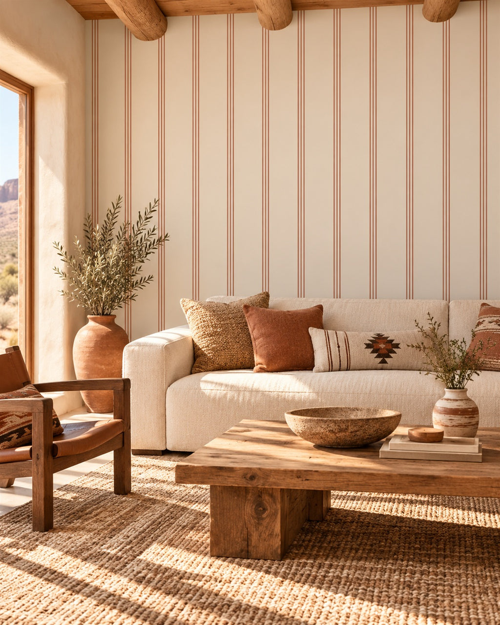Clay Ticking Wallpaper styled room view 1