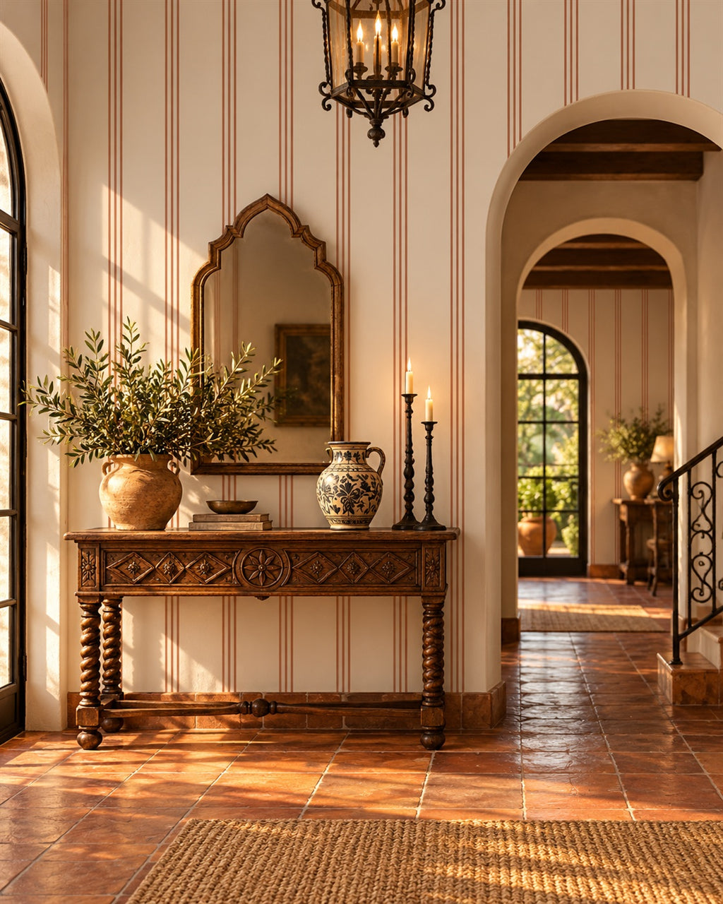 Clay Ticking Wallpaper styled room view 4