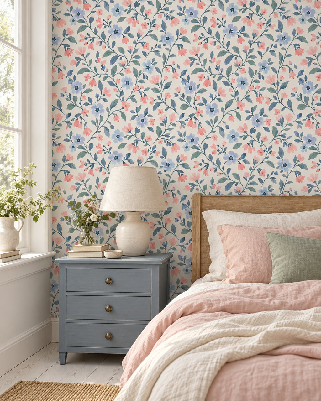 Bluebell Blush Wallpaper styled room view 1