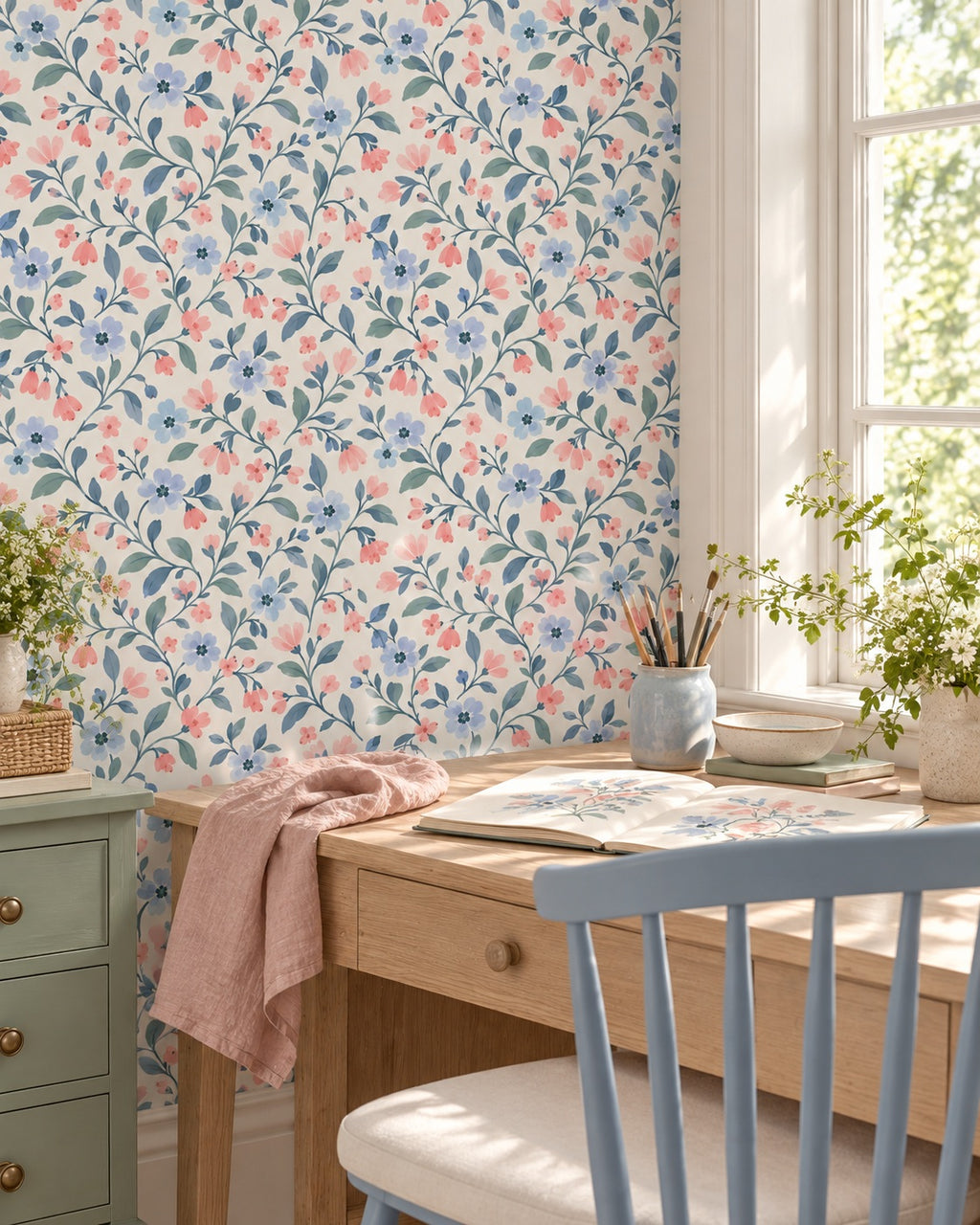 Bluebell Blush Wallpaper styled room view 3