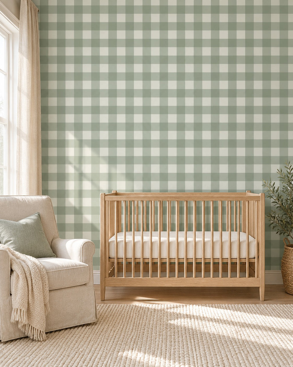 Sage Gingham Wallpaper styled room view 1