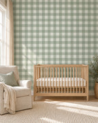 Sage Gingham Wallpaper styled room view 1