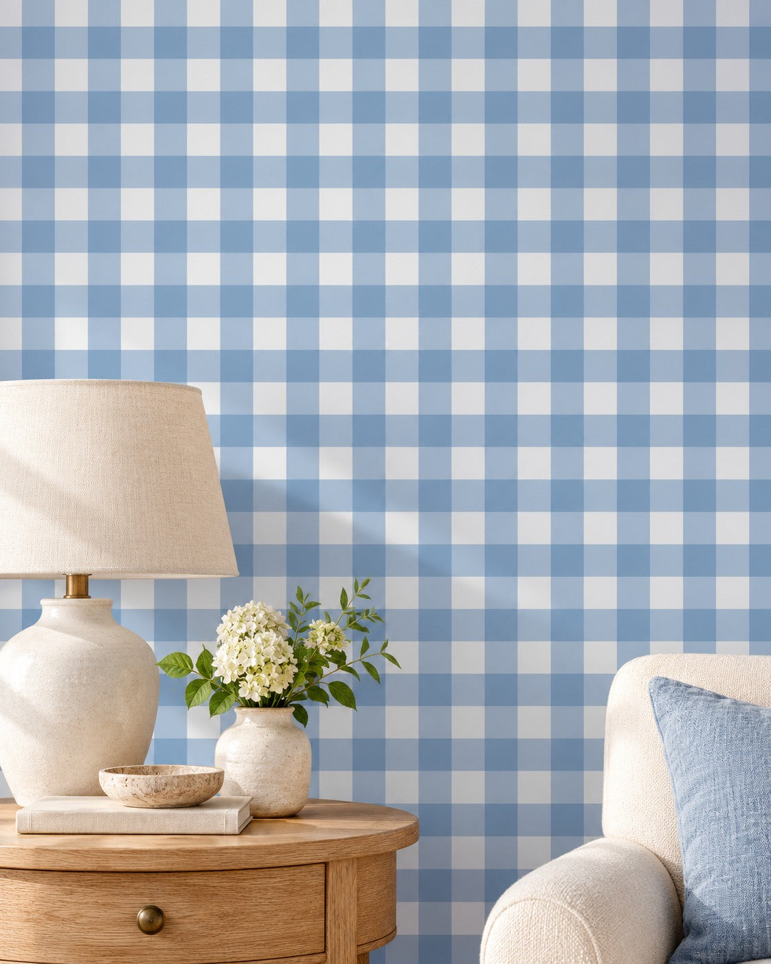 Blue Gingham Wallpaper styled room 3