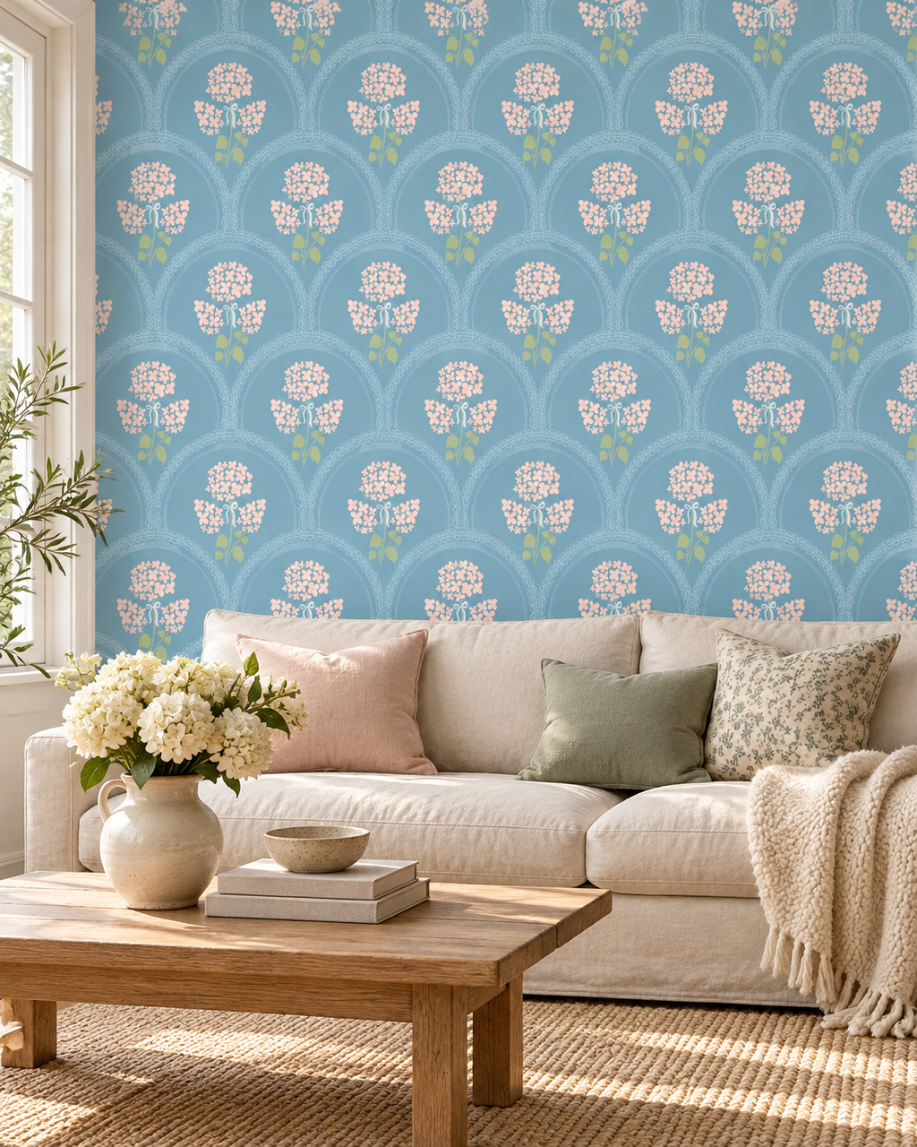 Hydrangea Arch Wallpaper in a styled interior