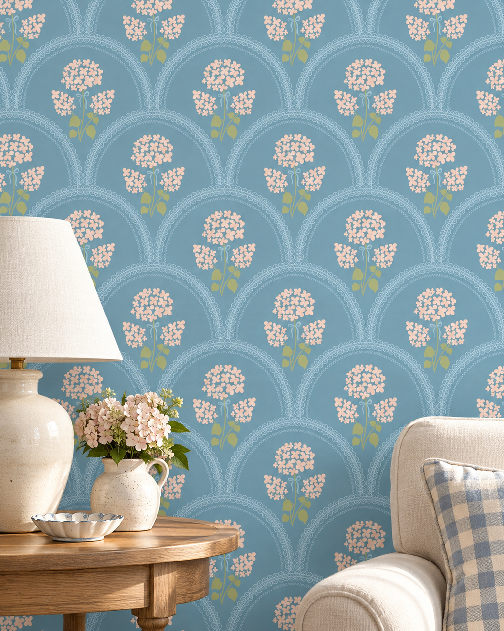 Hydrangea Arch Wallpaper in a styled interior