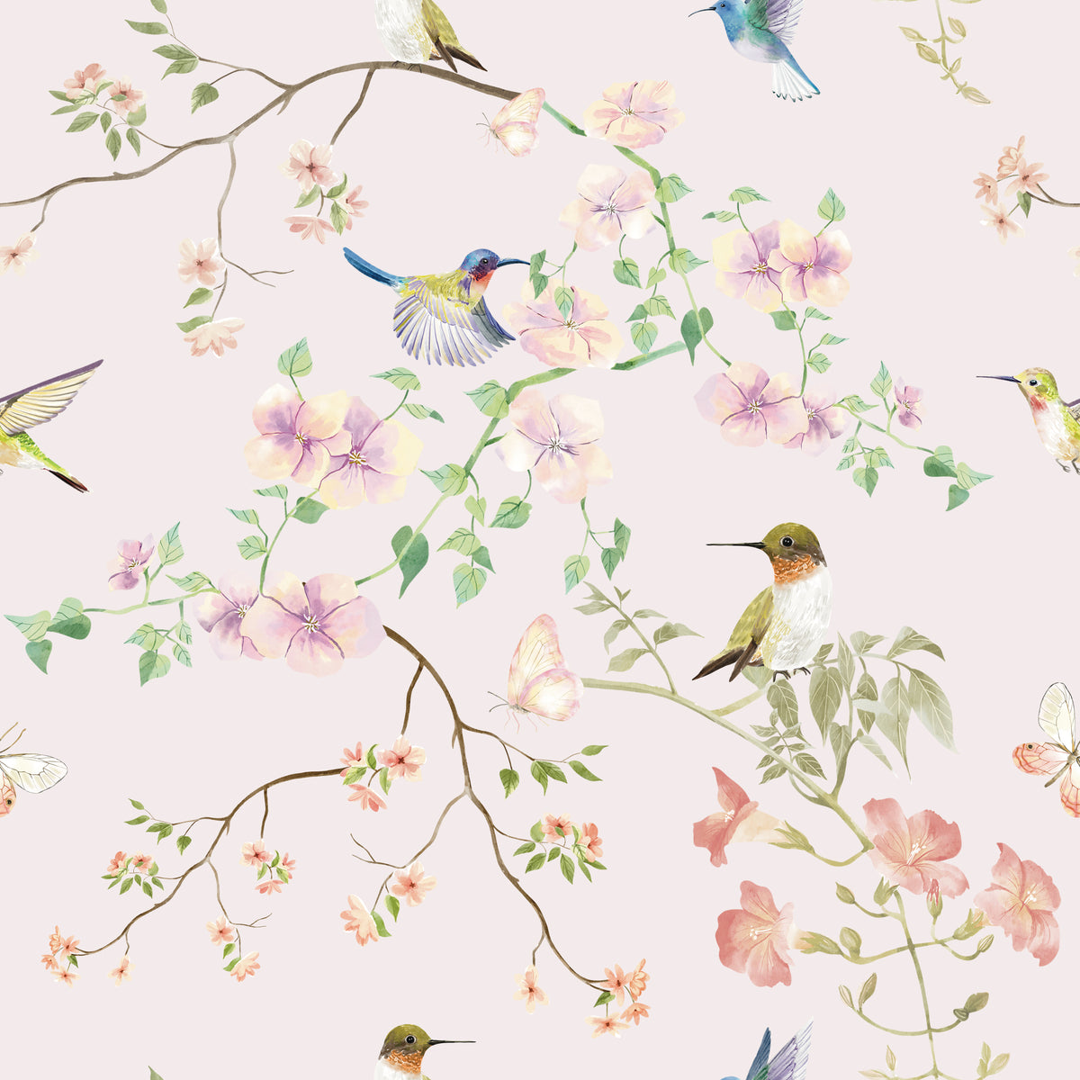 Hummingbird Garden Wallpaper - Pink